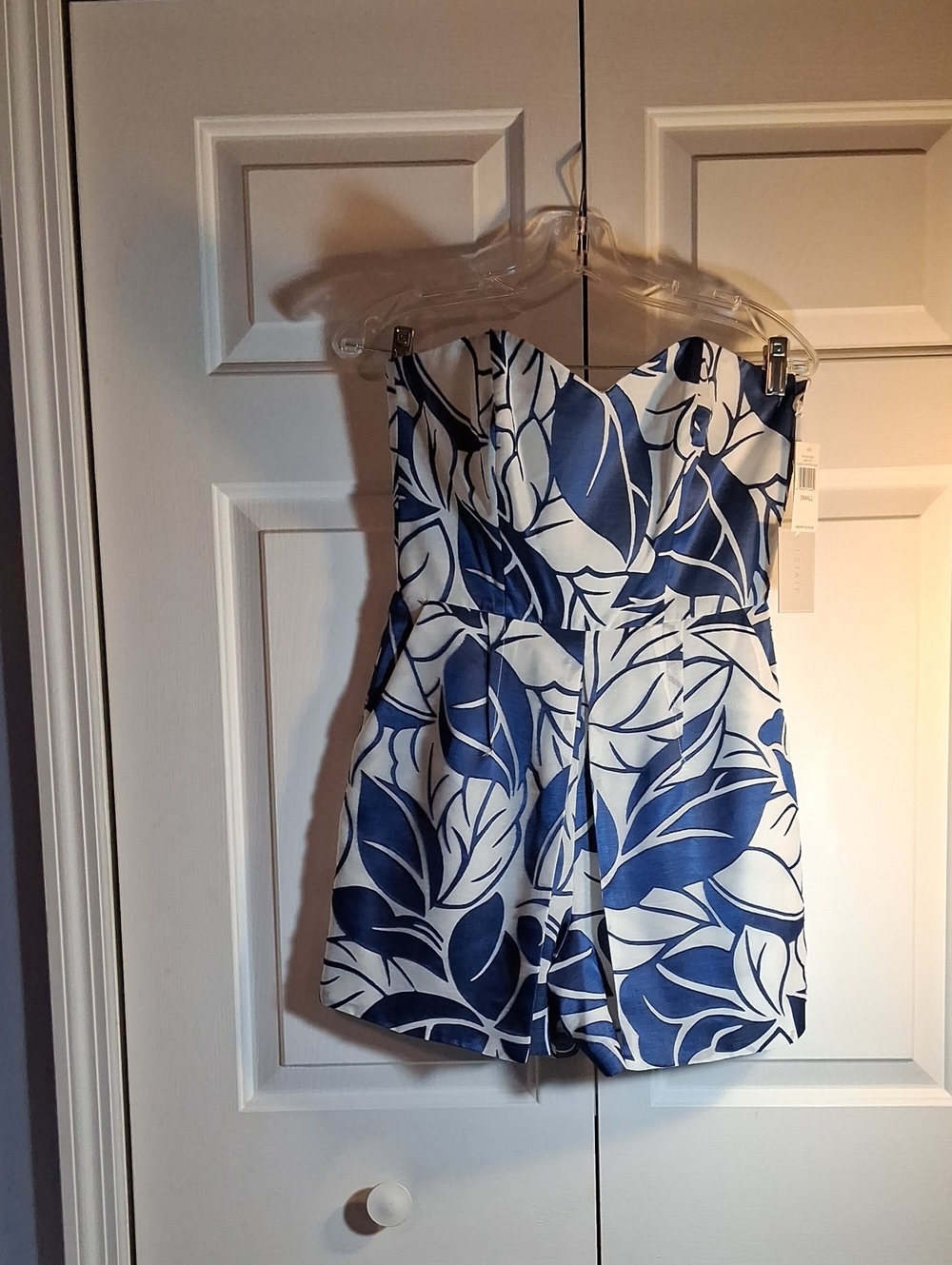 1. State Blue & White Leaf Print Strapless Romper Shorts